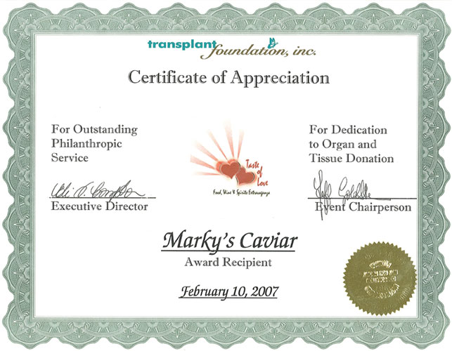 Marky's Receives the transplant foundation, inc. Certificate of Appreciation