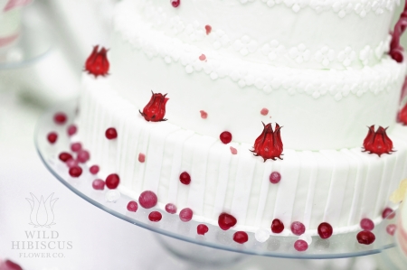 White wedding cake decorated with hibiscus flowers and purple bubbles.